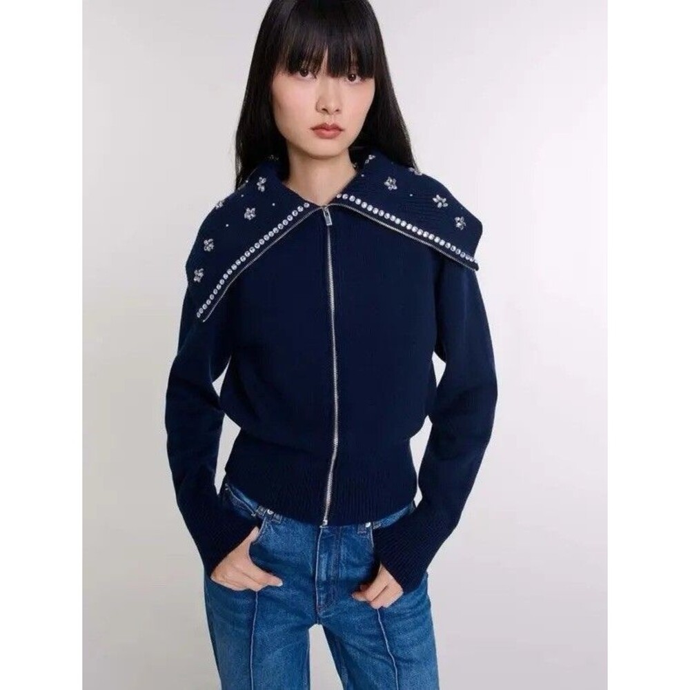 Marled Jewelry Neck Cardigan Blue Navy Sz L